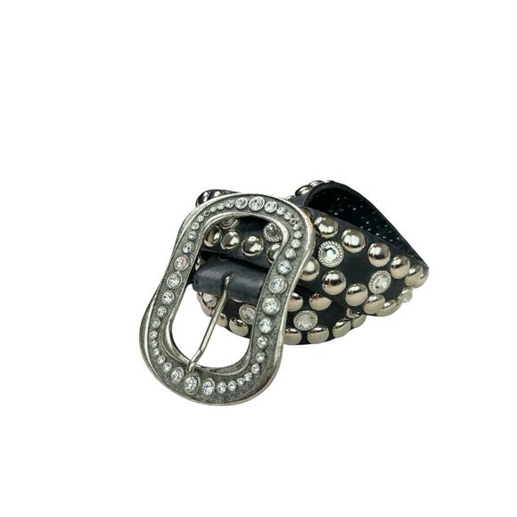 LEATHEROCK USA VINTAGE Black Leather Studded Rhinestone Belt Size Large 41” L main image 7